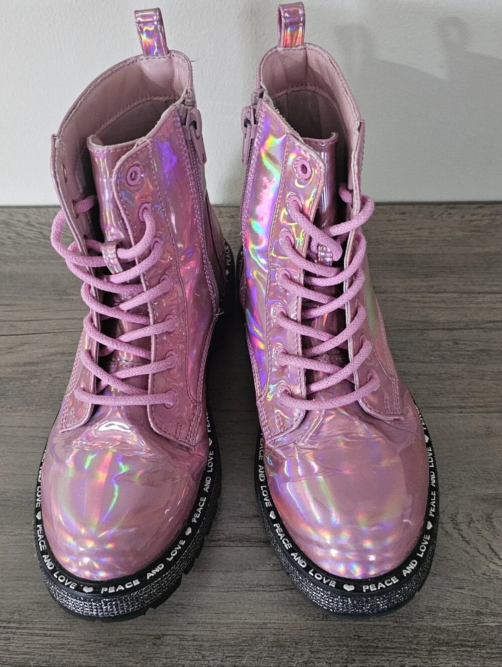 Steve Madden Pink Metallic Iridescent Lace-Up Combat Boots Girl 2